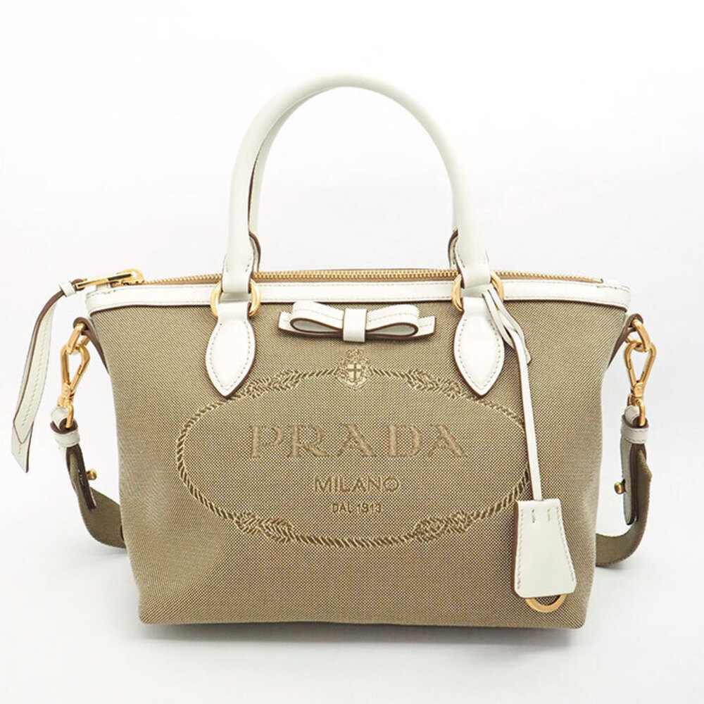 Prada Logo Jacquard 2Way Handbag beige white canvas leather